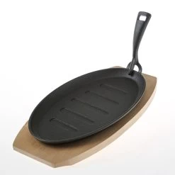 Gusspfanne Mit Abnehmbaren Stiel U. Holzuntersetzer - Gusseisen - L: 27cm - Servierpfanne - Oval
