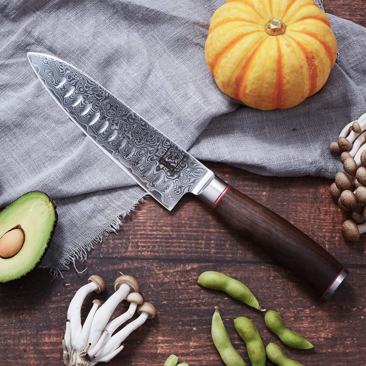 ZAYIKO Damastmesser KURUMI Santokumesser - 17,5cm Klinge - Nussbaumgriff - VG-10 Stahlkern 2 ZAYIKO Damastmesser KURUMI Santokumesser - 17,5cm Klinge - Nussbaumgriff - VG-10 Stahlkern – Bild 2