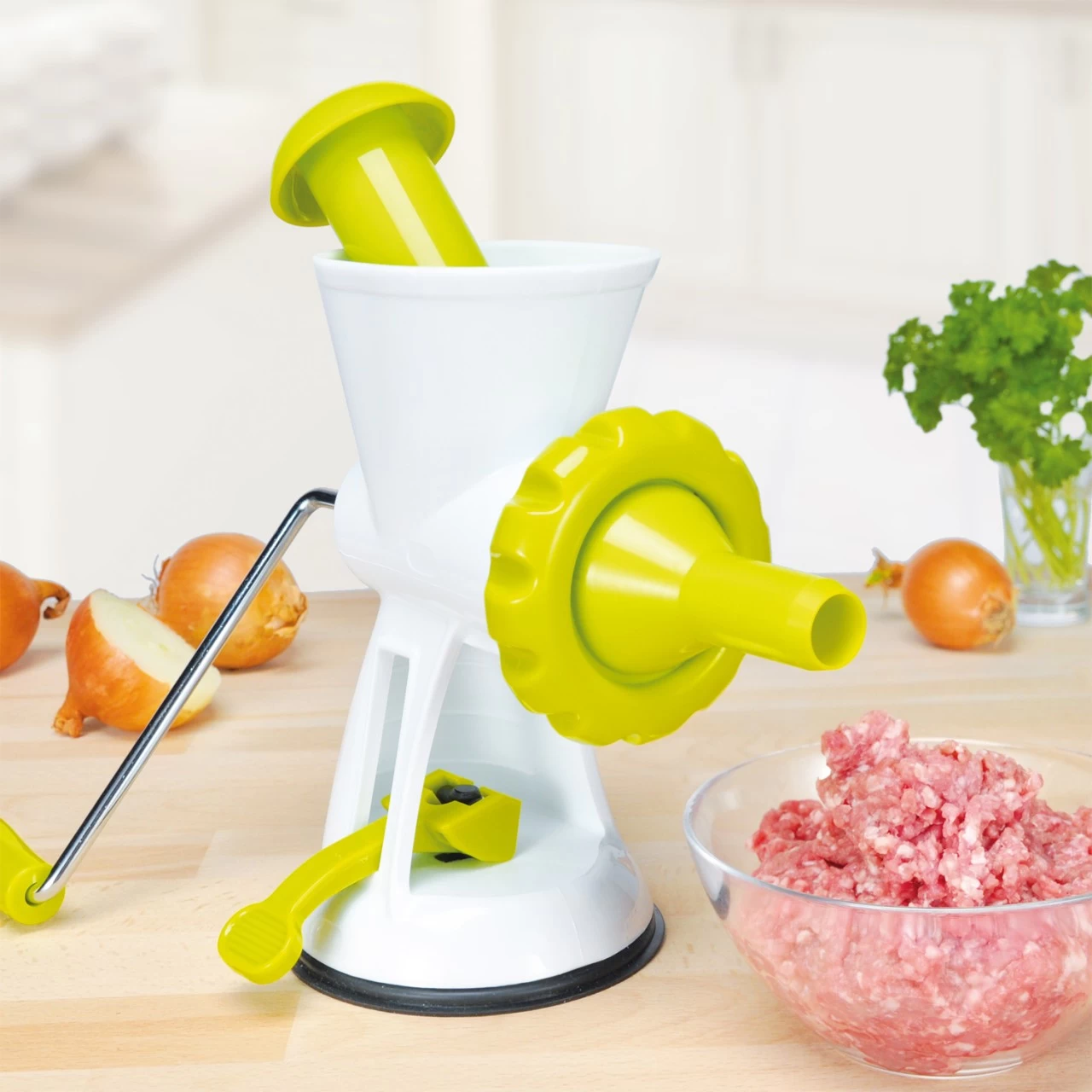 Fleischwolf Kunststoff Mit Standsicherem Saugfuß - 2 Lochaufsätze + Wurstaufsatz + Spiritzgebäck 3 Fleischwolf Kunststoff Mit Standsicherem Saugfuß - 2 Lochaufsätze + Wurstaufsatz + Spiritzgebäck – Bild 3