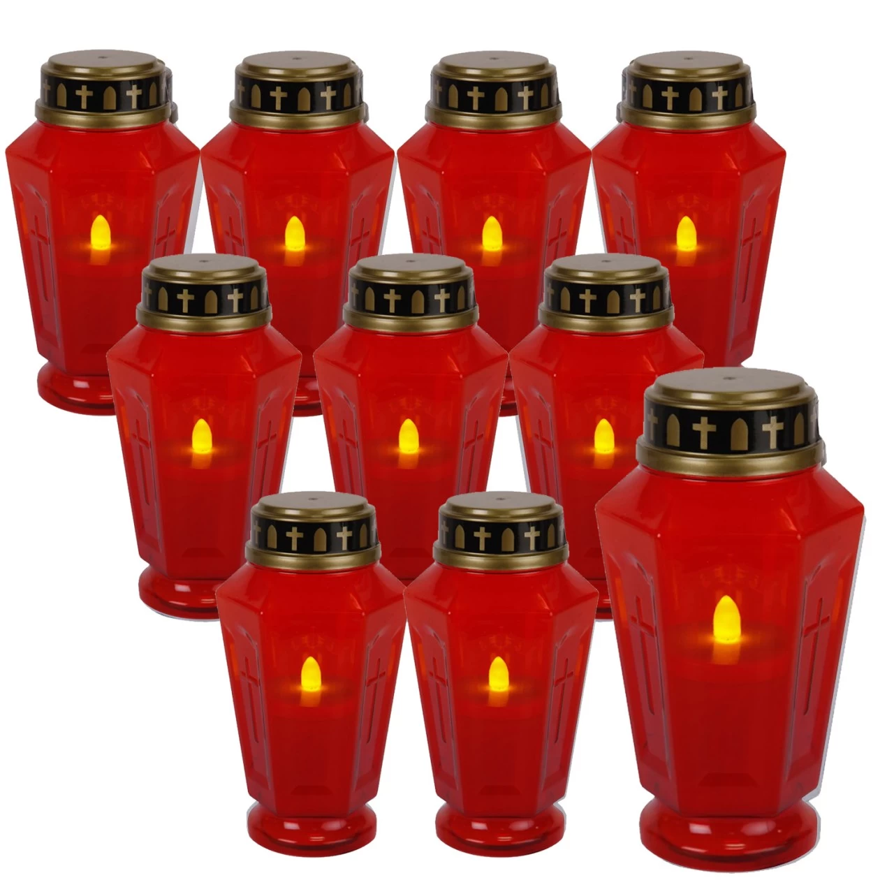 LED Grablicht Serene - Grabkerze - Warmweiße LED - H: 15,5cm - 1000h Leuchtdauer - Rot/gold - 10St. 1 LED Grablicht Serene - Grabkerze - Warmweiße LED - H: 15,5cm - 1000h Leuchtdauer - Rot/gold - 10St.