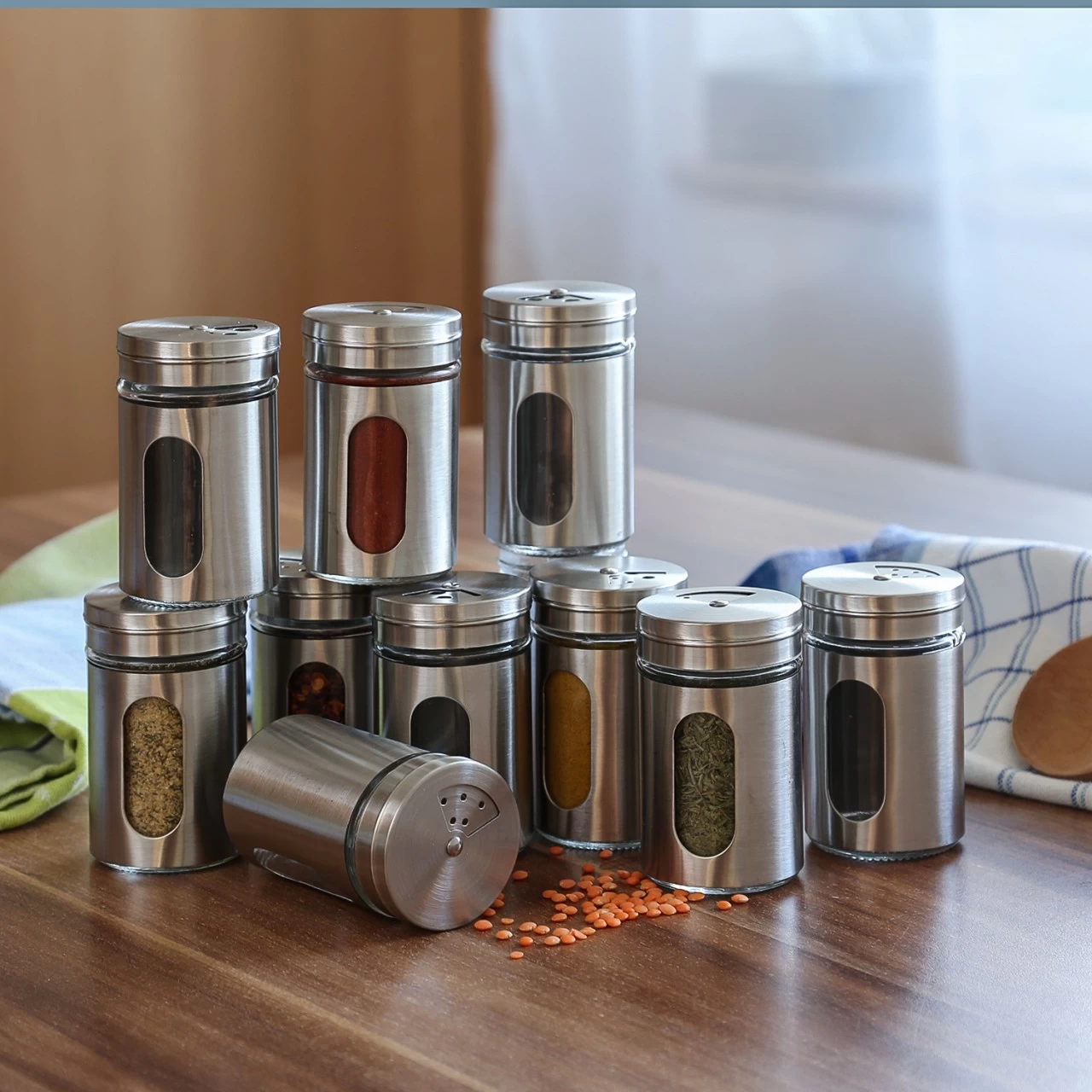 Gewürzstreuer - Edelstahl - Sichtfenster - 3 Streumöglichkeiten - D: 5cm - H: 8cm - 10er Set 2 Gewürzstreuer - Edelstahl - Sichtfenster - 3 Streumöglichkeiten - D: 5cm - H: 8cm - 10er Set – Bild 2