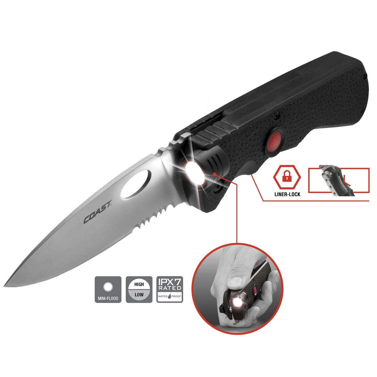 COAST - LK375 - Klappmesser - 7Cr17 Edelstahl - Mit LED Taschenlampe 110lm - Polycarbonatgriff 2 COAST - LK375 - Klappmesser - 7Cr17 Edelstahl - Mit LED Taschenlampe 110lm - Polycarbonatgriff – Bild 2