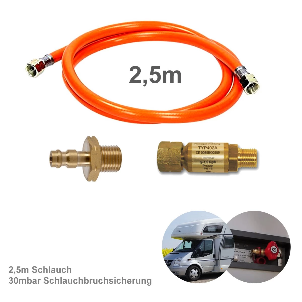 Wohnmobil Anschluss KIT 250cm - Schnellkupplung, Schlauchbruchsicherung 30mbar - Adapter 2 Wohnmobil Anschluss KIT 250cm - Schnellkupplung, Schlauchbruchsicherung 30mbar - Adapter – Bild 2