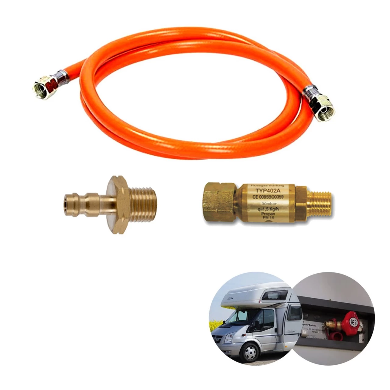 Wohnmobil Anschluss KIT 100cm - Schnellkupplung, Schlauchbruchsicherung 30mbar - Adapter 1 Wohnmobil Anschluss KIT 100cm - Schnellkupplung, Schlauchbruchsicherung 30mbar - Adapter