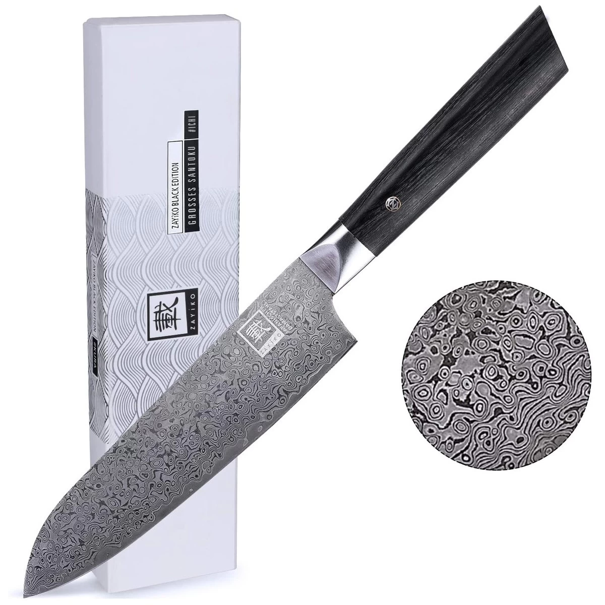 ZAYIKO Damastmesser BLACK EDITION "Santokumesser" - Pakkaholz - VG-10 Stahlkern 1 ZAYIKO Damastmesser BLACK EDITION "Santokumesser" - Pakkaholz - VG-10 Stahlkern
