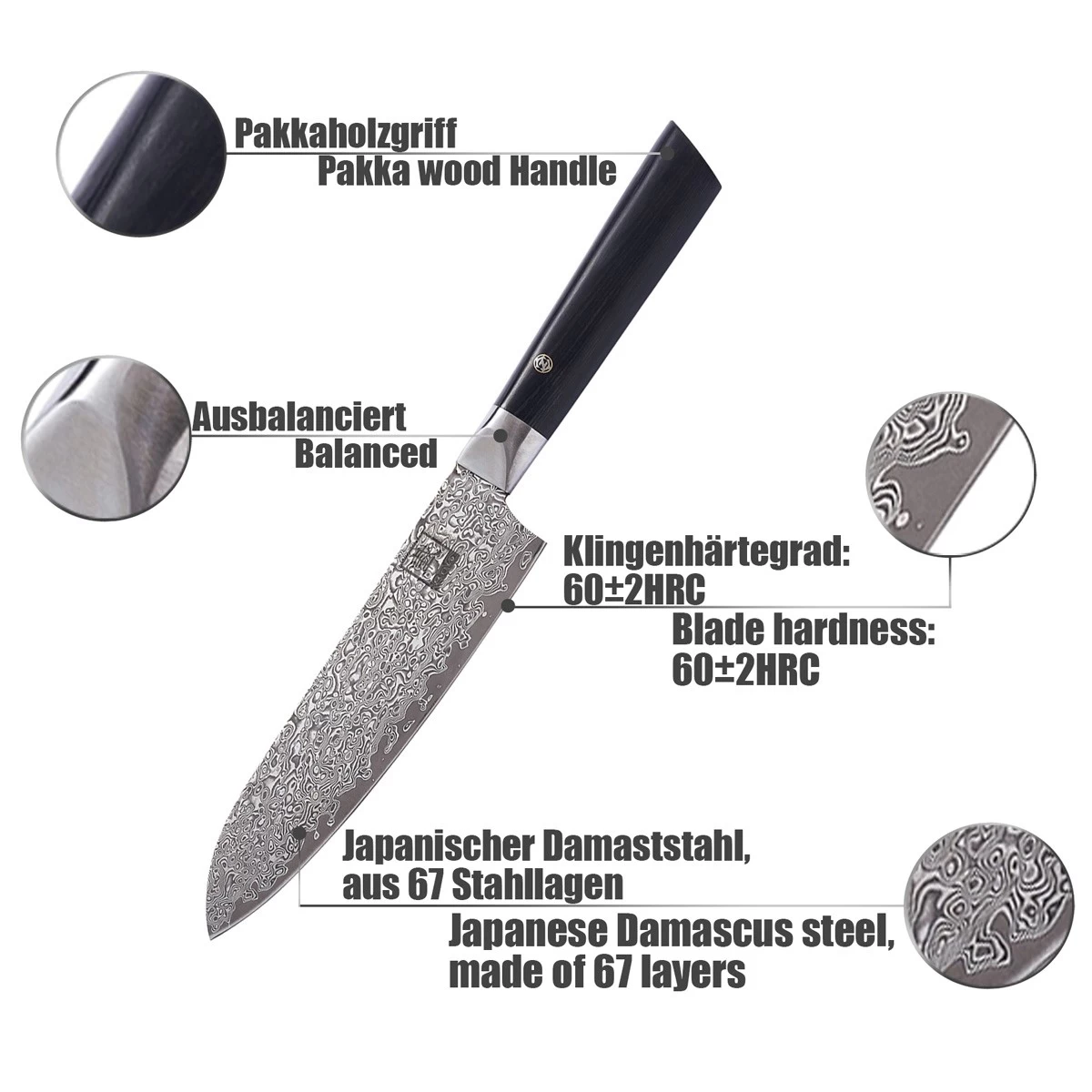 ZAYIKO Damastmesser BLACK EDITION "Santokumesser" - Pakkaholz - VG-10 Stahlkern 3 ZAYIKO Damastmesser BLACK EDITION "Santokumesser" - Pakkaholz - VG-10 Stahlkern – Bild 3