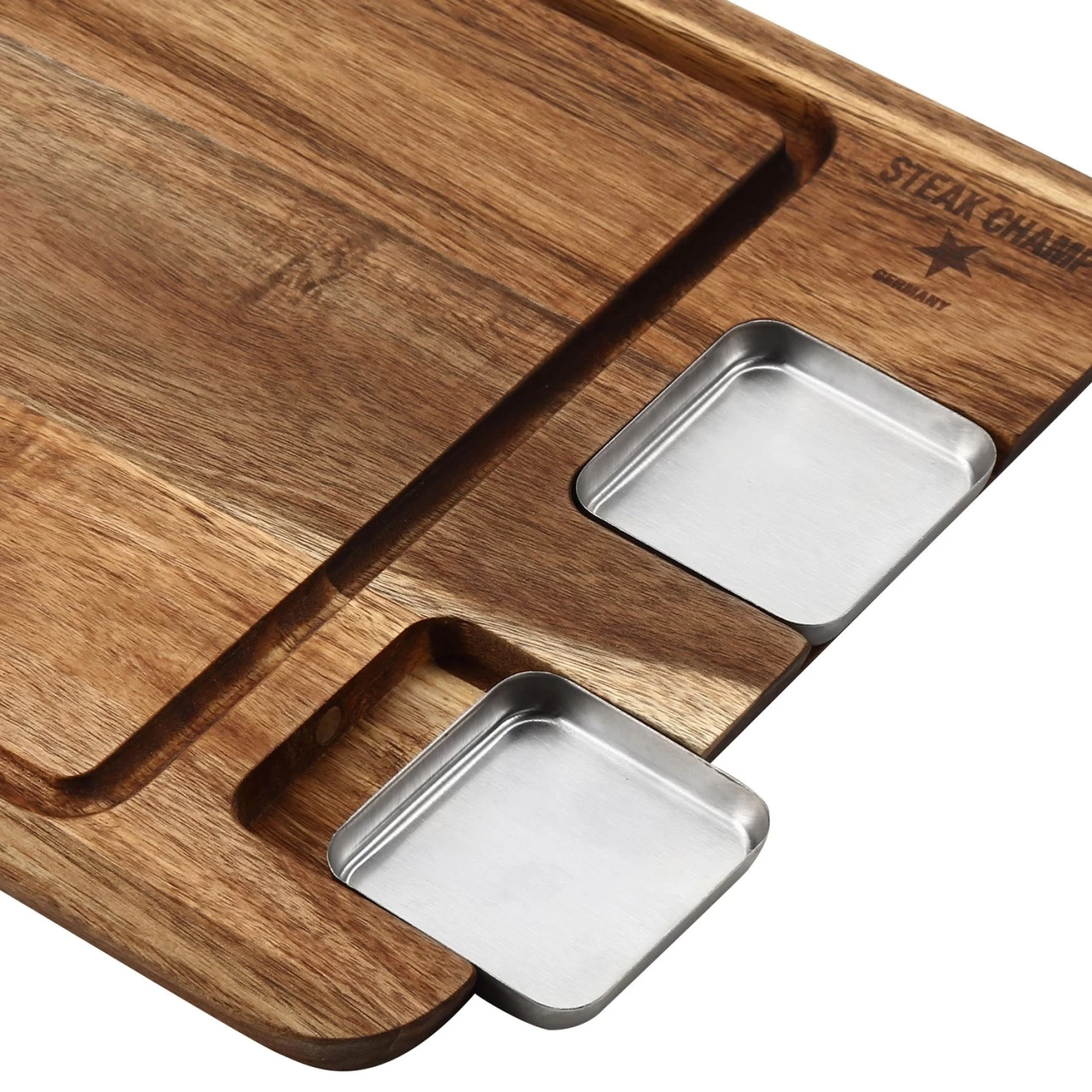 STEAK CHAMP - Steakbrett Mit 2 Dipschalen - Akazienholz 42x27x1,6cm 4 STEAK CHAMP - Steakbrett Mit 2 Dipschalen - Akazienholz 42x27x1,6cm – Bild 4
