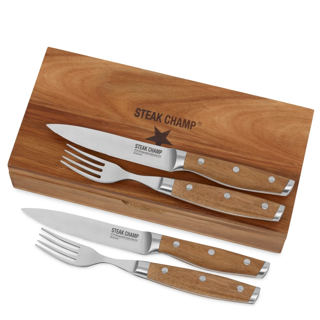 STEAK CHAMP Besteckset Paar - Akazienholz - In Massivholz Geschenkbox 1 STEAK CHAMP Besteckset Paar - Akazienholz - In Massivholz Geschenkbox
