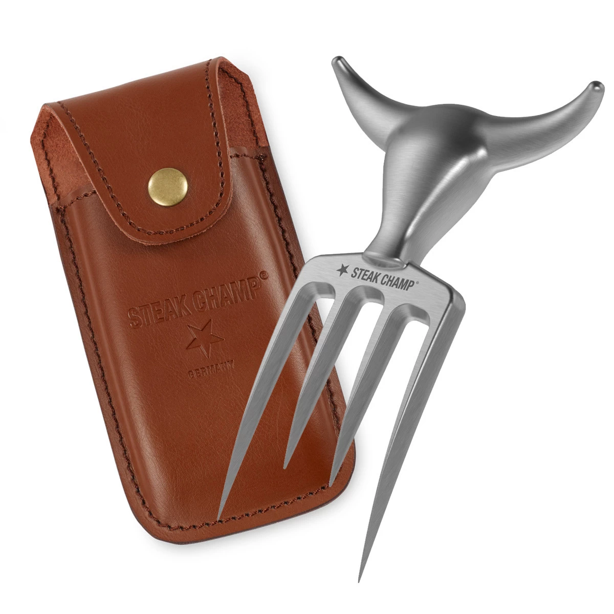 STEAK CHAMP BULL FORK Gabel Mit Leder Holster - Profi Werkzeug Mit Gürtelclip 1 STEAK CHAMP BULL FORK Gabel Mit Leder Holster - Profi Werkzeug Mit Gürtelclip