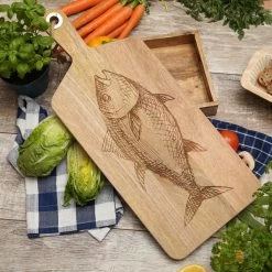 Schneidebrett - Vesperbrett - Fischmotiv - Mangoholz - Kordel - L: 58cm - Natur
