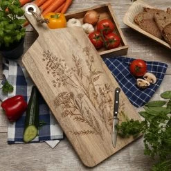 Schneidebrett - Servierbrett - Wildblumenmotiv - Mangoholz - Kordel - L: 58cm - Natur