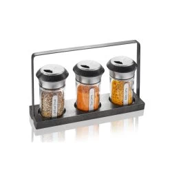 GEFU Gewürz- Und Kräuterstreuer Set X-PLOSION - Edelstahl, Glas - Edle Holzmenage - 3 Streuer - H: 14,2cm