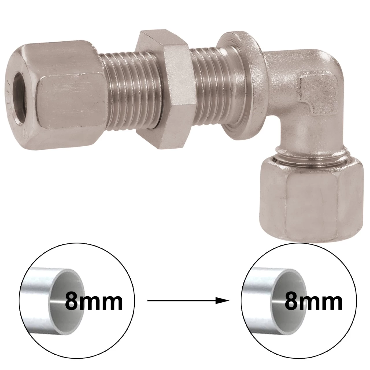 90° Winkel Schottverschraubung RVS8 - Durchgang Für 8mm Gasrohre 2 90° Winkel Schottverschraubung RVS8 - Durchgang Für 8mm Gasrohre – Bild 2