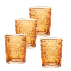 Trinkgläser Vintage Mit Blumenmuster - Glas - 280ml - H: 10cm - Bohostil - Orange - 4er Set