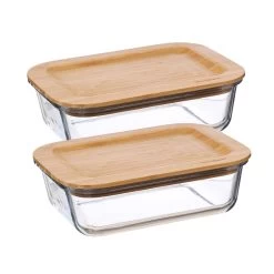 Frischhaltedose - Vorratsbehälter Mit Bambusdeckel - Borosilikatglas - Rechteckig - 1500ml -2er Set