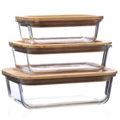 Frischhaltedose - Vorratsbehälter Mit Bambusdeckel - Borosilikatglas - 650ml/1000ml/1500ml - 3tlg.