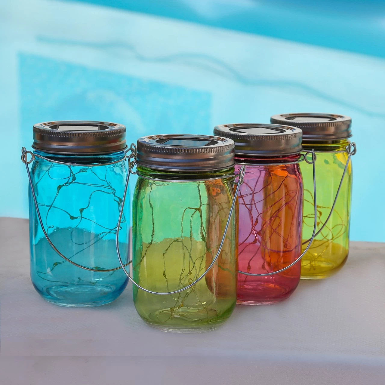 LED Solargläser - Windlichter - LED Drahtlichterkette - Lichtsensor - Aufhänger - H: 14cm - 4er Set 3 LED Solargläser - Windlichter - LED Drahtlichterkette - Lichtsensor - Aufhänger - H: 14cm - 4er Set – Bild 3