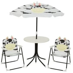 Kindersitzgruppe Zebra MARTY - 2 Stühle Und Tisch Mit Sonnenschirm - 4teilig - Weiß, Schwarz
